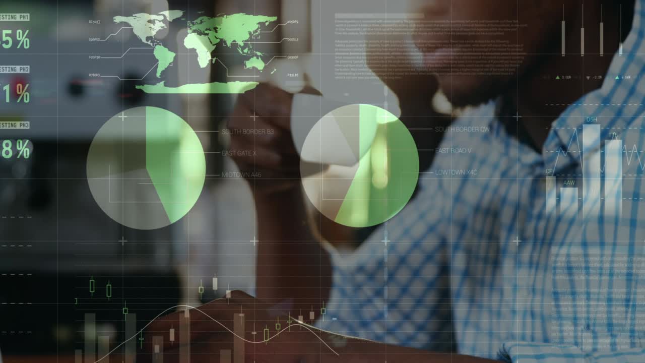 Animazione di statistiche ed elaborazione dati su un uomo d'affari che usa uno smartphone.