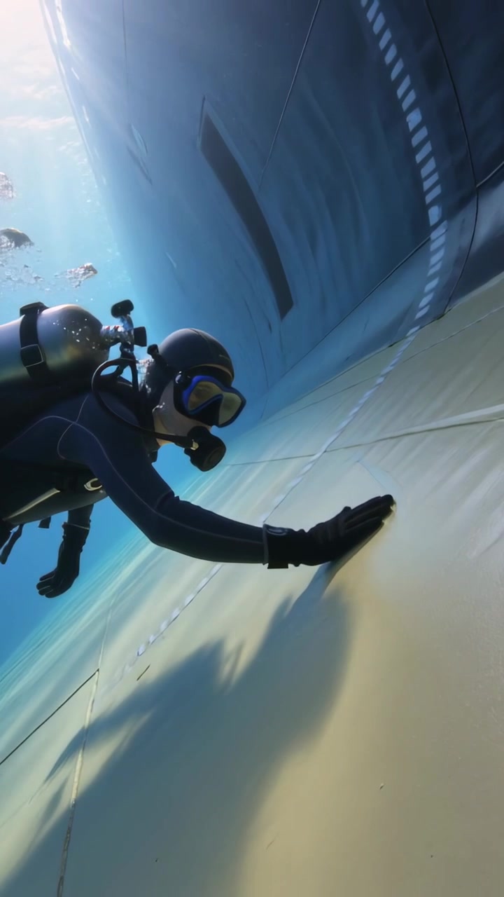 Scuba diver entering left, sliding hand along panel seam while overlay marking seam during training