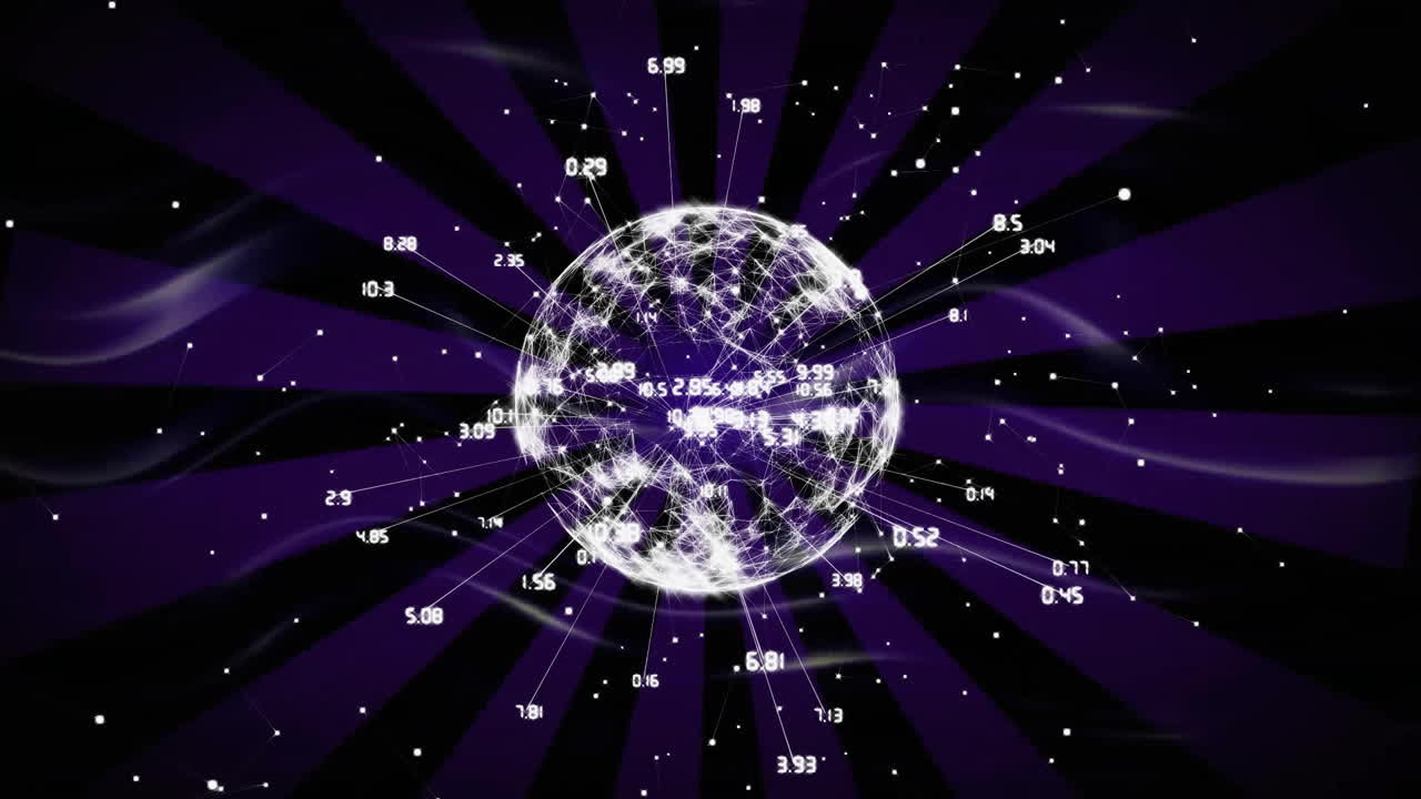 보라색 방사선 배경 위에 데이터 포인트와 라인 애니메이션으로 반이는 지구