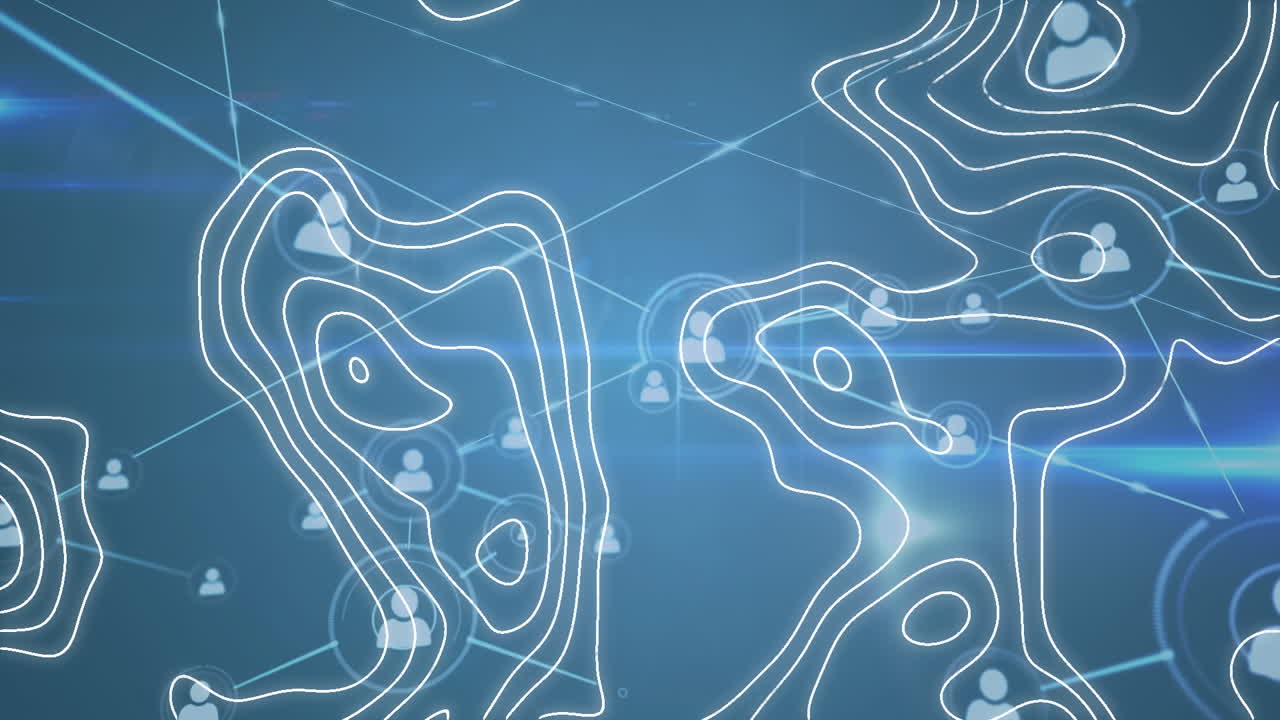 Animation on network of connections and isohypses on blue background