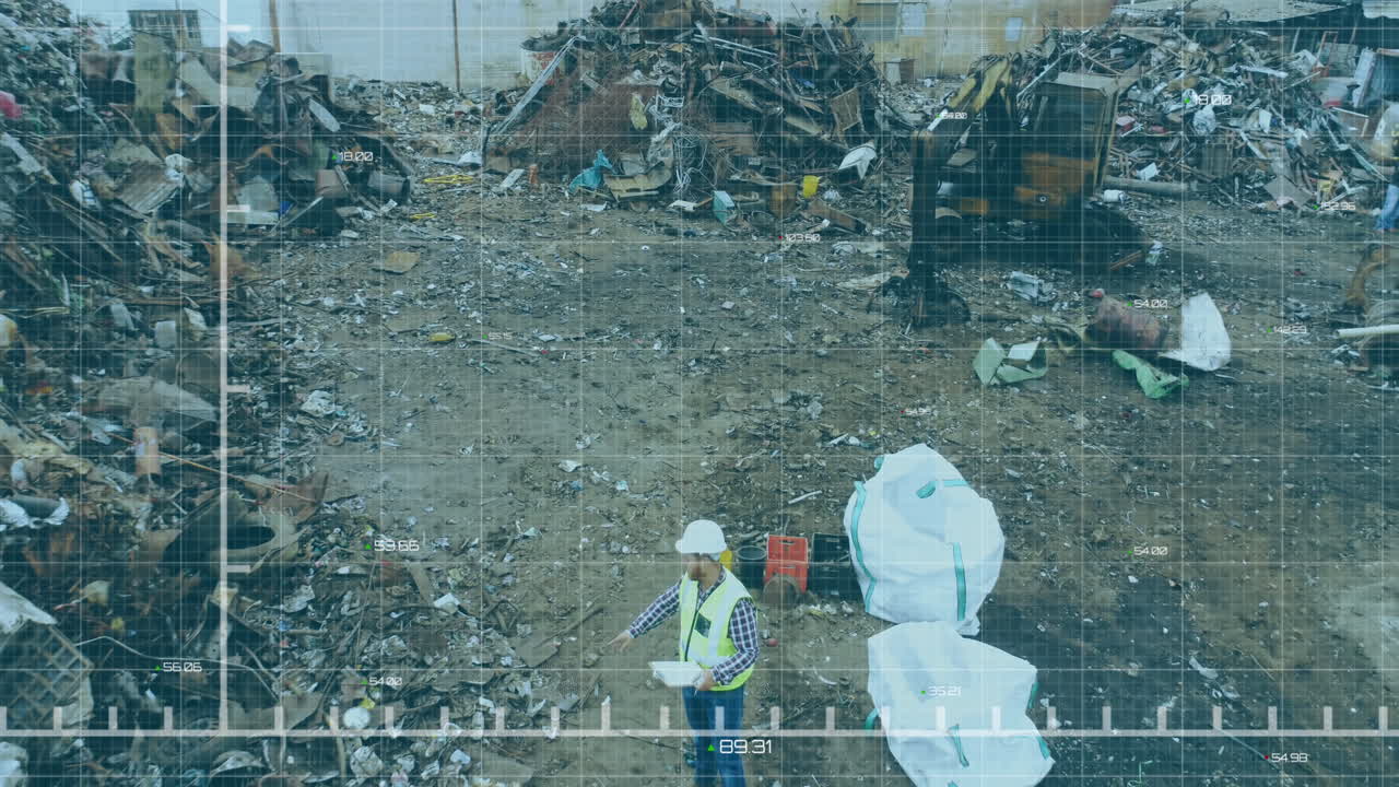 쓰레기 매립장에서 노동자에 대한 금융 데이터 처리 애니메이션