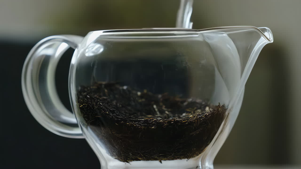 Glass teapot with loose leaf tea and steam