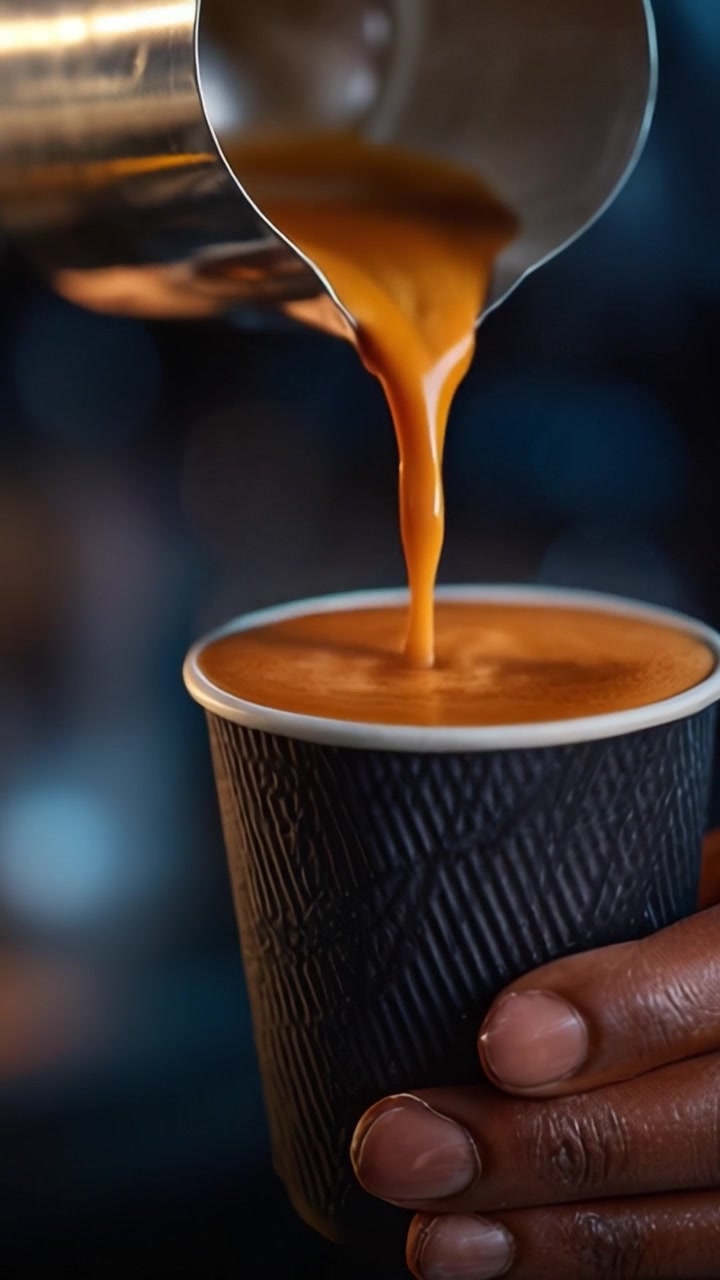 Barista artigianale che versa un espresso perfetto in una tazza di caffè dalla texture particolare, catturando l'aroma e il sapore del caffè appena preparato, evocando un'atmosfera da caffè accogliente.