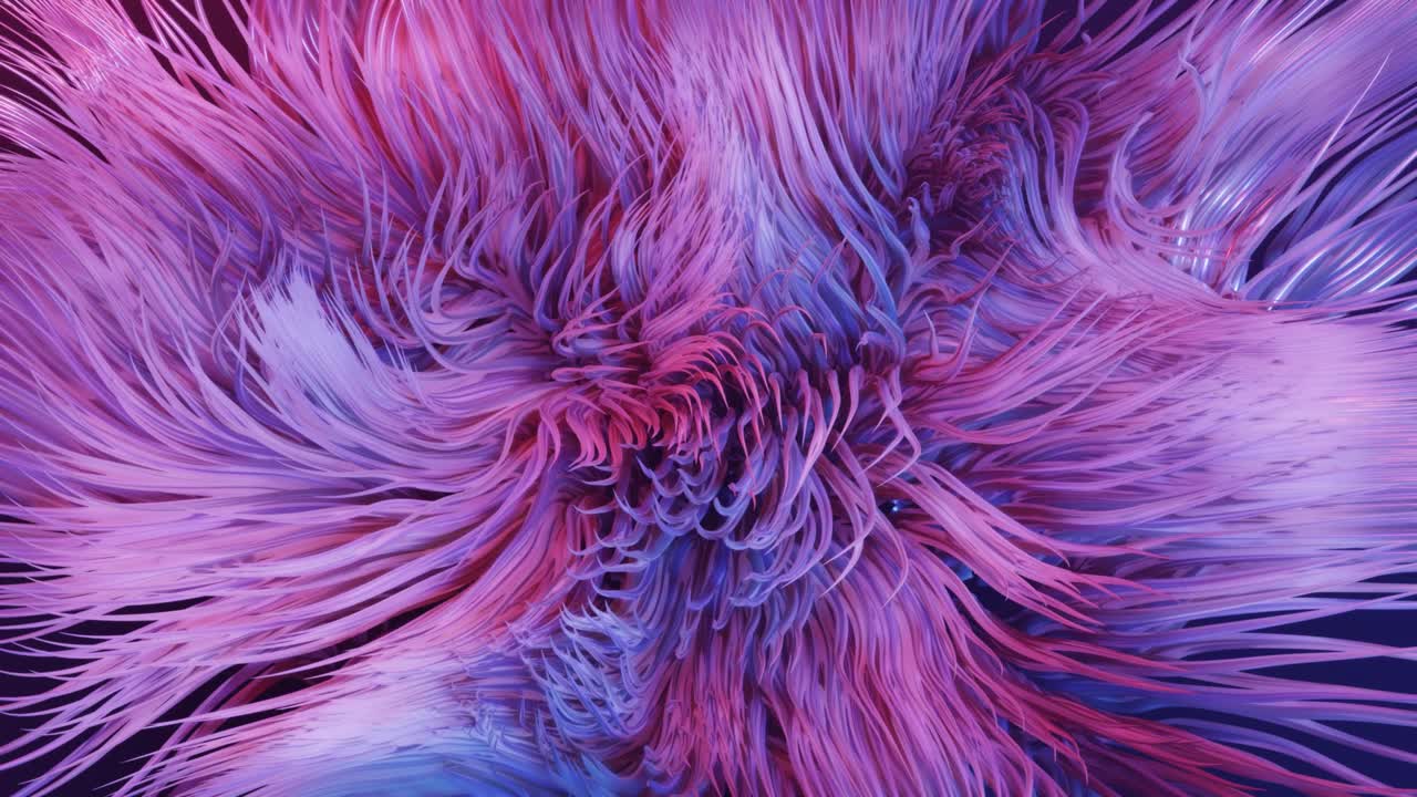simulación de cabello. rizos vivos bajo el agua como pelaje o hilos multicolores, cabello. luces volumétricas. efectos de niebla y dof bokeh. fondo misterioso con líneas curvas vivas, primer plano. bg en bucle de 4k.
