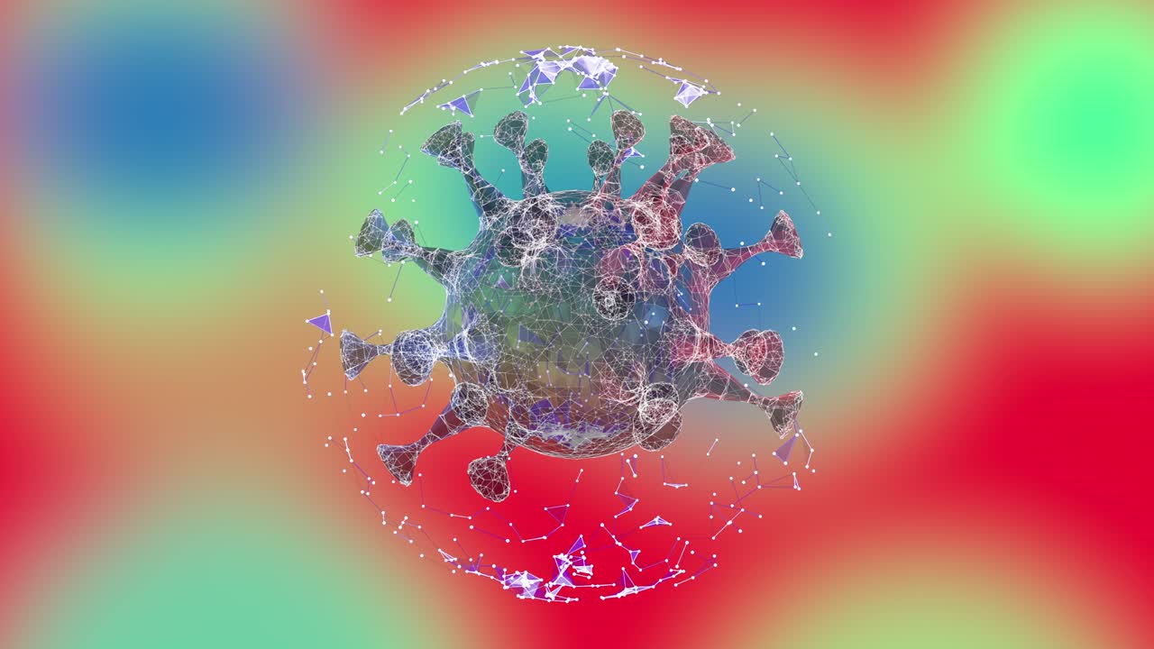 다채로운 배경 위에 떠다니는 플렉서스 구 안의 바이러스의 컬러 스캔 마이크로그래프 3d 렌더링