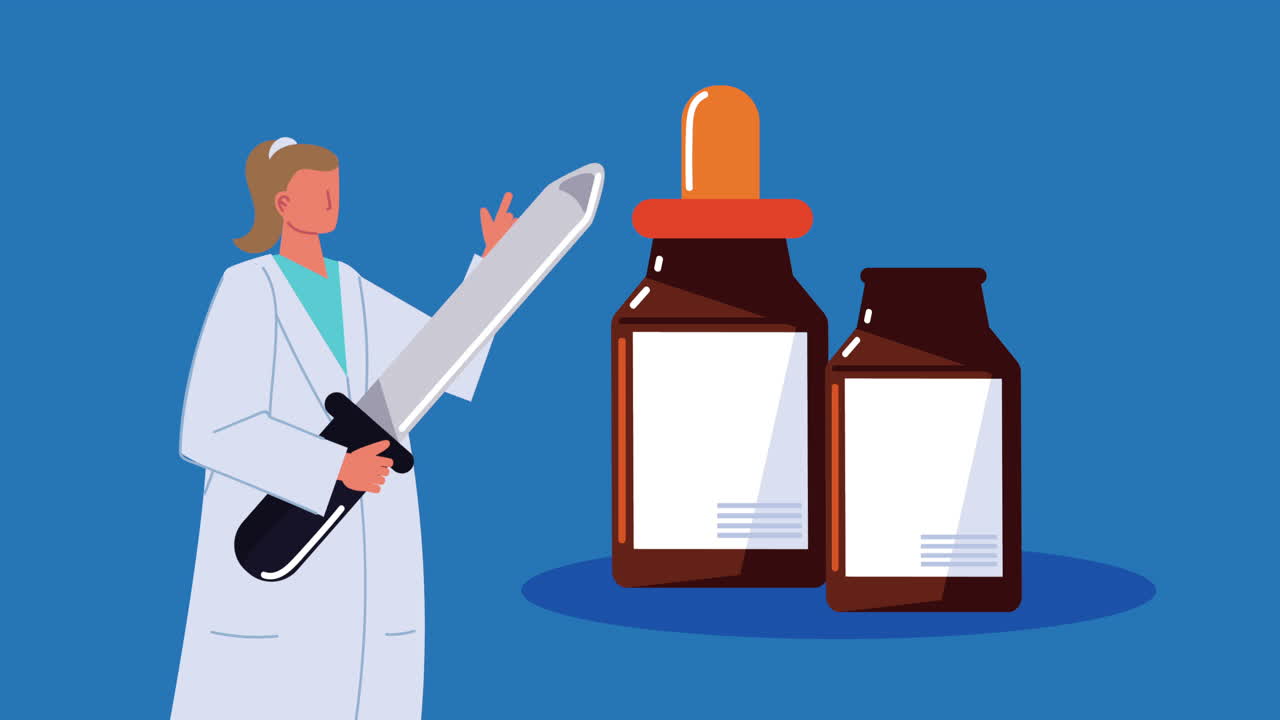 여성 의사는 드롭퍼 약국 약을 가지고 있습니다.