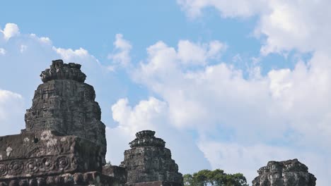 ancient stone carvings and ruins of bayon temple in angkor, cambodia