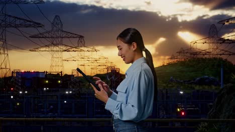 side view of an asian female professional worker standing with her tablet near high voltage tower, industrial facility, checking on her tablet with meditation