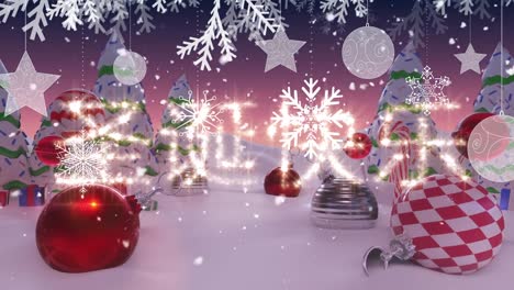 feliz navidad en texto chino y nieve cayendo sobre las decoraciones de navidad en el paisaje de invierno