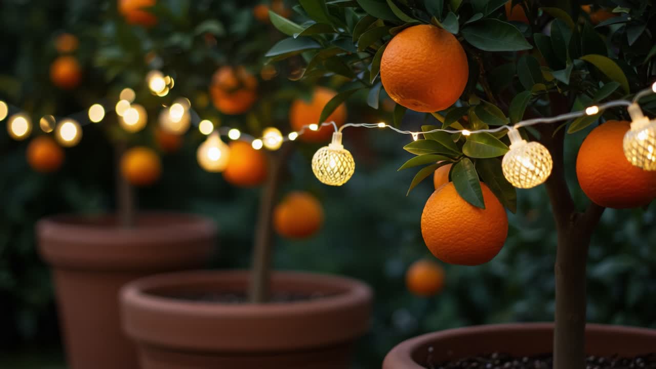 A Serene Garden Scene Illuminated by Glowing Lights and Abundant Orange Fruits Hanging from Lush Green Trees in Pots, Creating a Magical Evening Ambiance