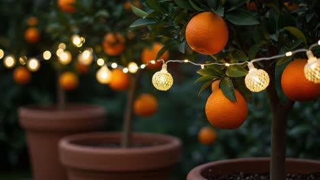 a serene garden scene illuminated by glowing lights and abundant orange fruits hanging from lush green trees in pots, creating a magical evening ambiance