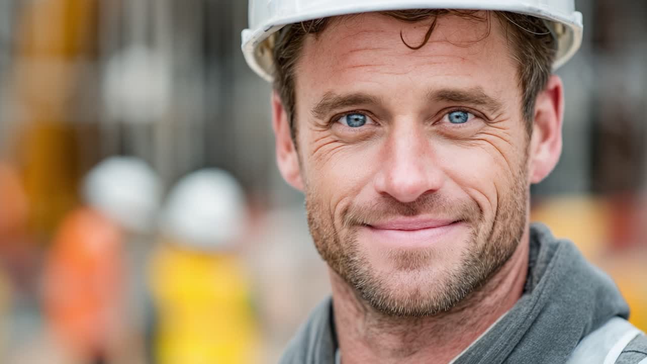 A confident construction worker with a warm smile and protective helmet, embodying professionalism and dedication on the job site surrounded by fellow workers