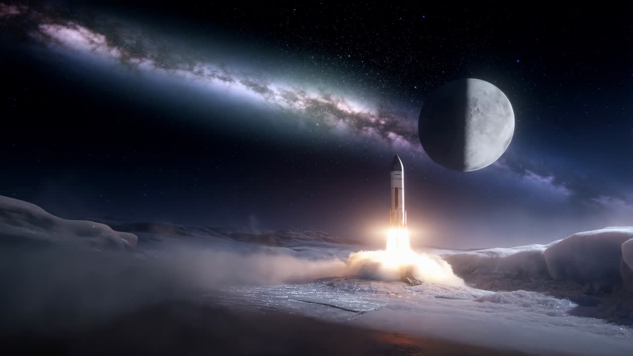 Rocket Launch from an Alien Planet Under the Milky Way