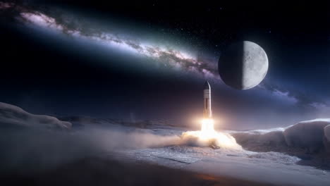rocket launch from an alien planet under the milky way