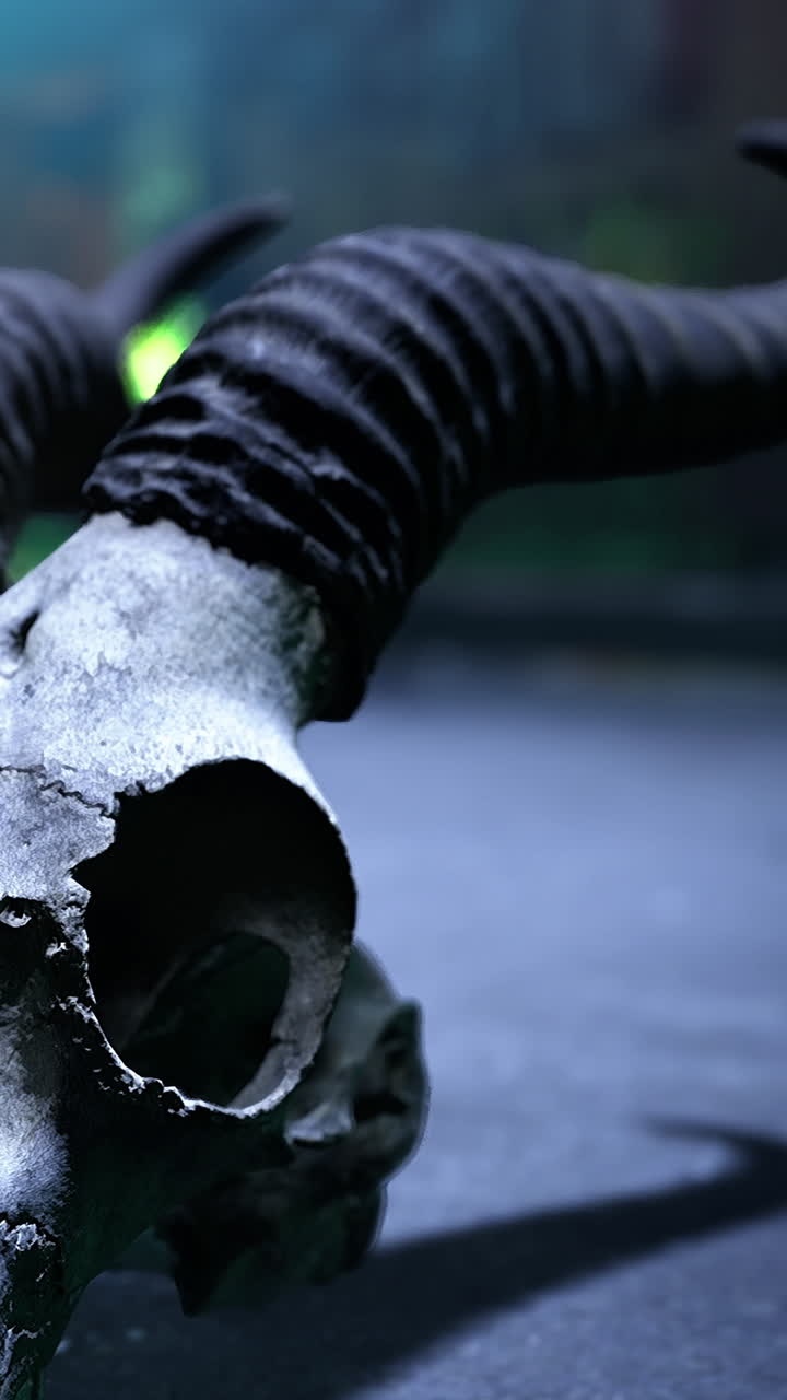 Schedel met hoorns geplaatst op een donkere ondergrond in een schemerige omgeving