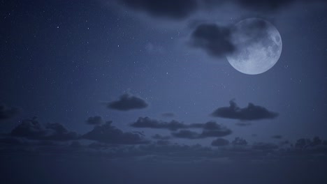 NIght-sky-with-full-moon,-bright-stars-and-volumetric-clouds-passing-by-3D-animation