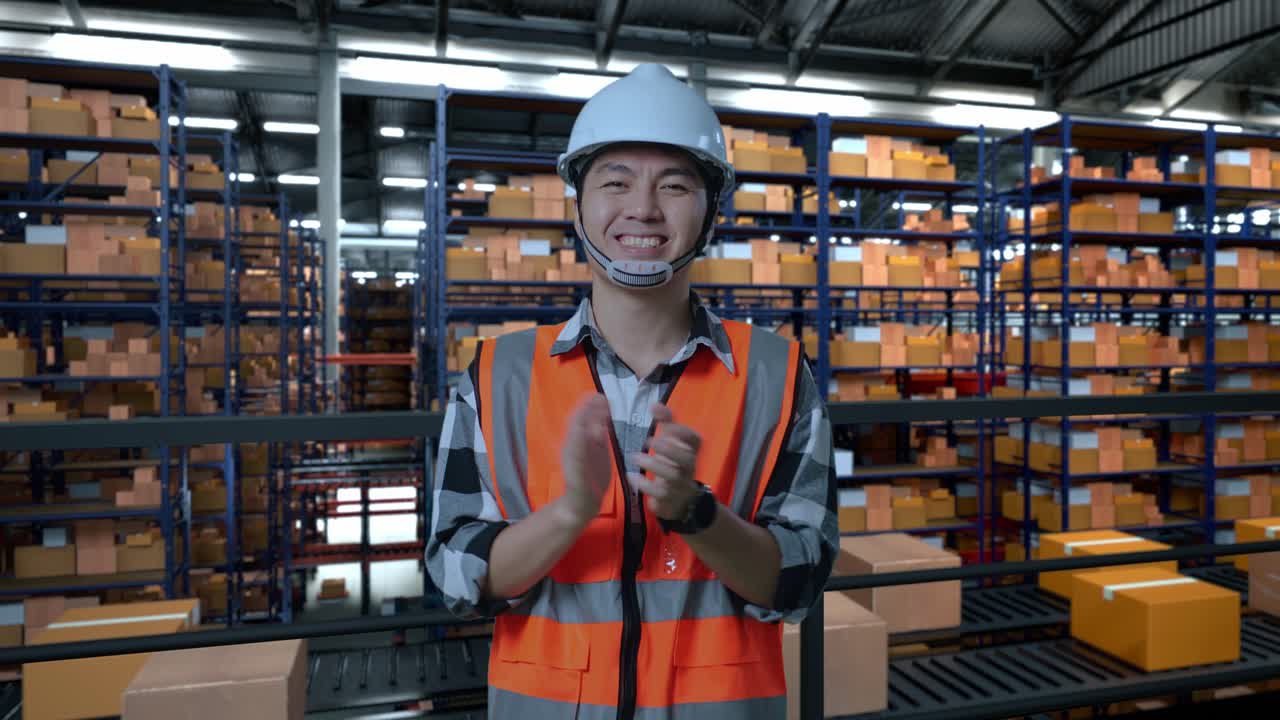 ingeniero masculino asiático con casco de seguridad de pie en el almacén con estantes llenos de productos de entrega. sonriendo a la cámara y aplaudiendo en el almacenamiento