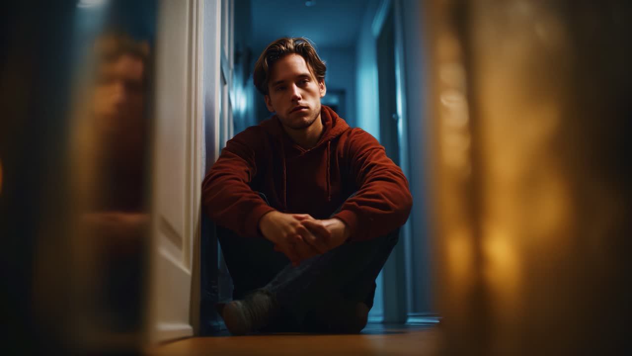 A reflective young man sits on the corridor floor, contemplating life while surrounded by soft ambient lighting and a serene atmosphere, captured in two moments