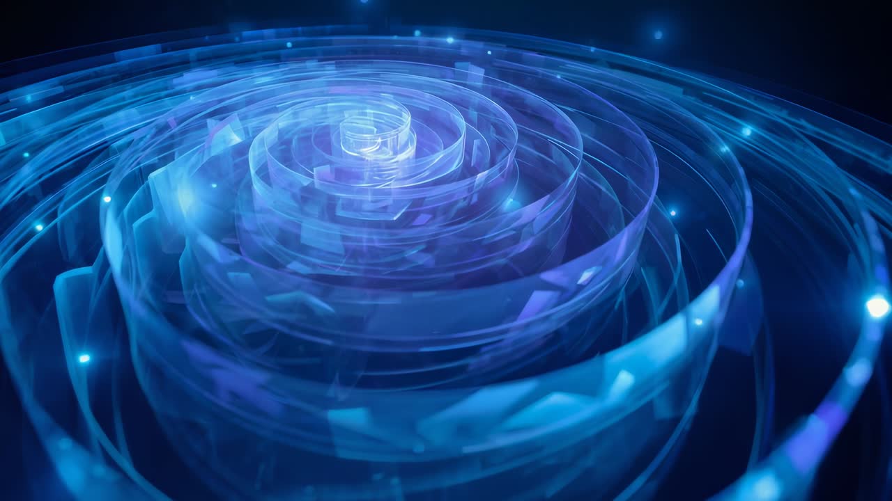 Opening frame causing stacked glass spiral rotating toward lit core in dark void blue dots orbiting
