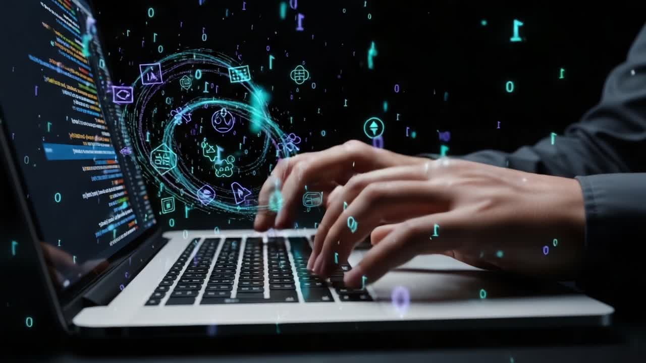 A Dynamic Interaction with Technology: Exploring the Intricate Dance of Coding and Digital Visuals as Hands Interact with a Laptop Displaying Vibrant Data and Imagery