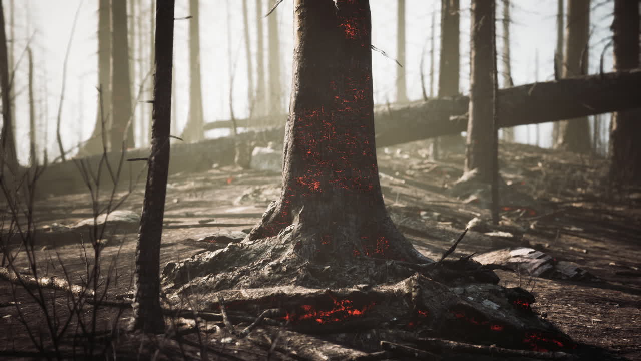 Il paesaggio forestale bruciato rivela resti carbonizzati di alberi e terreno.