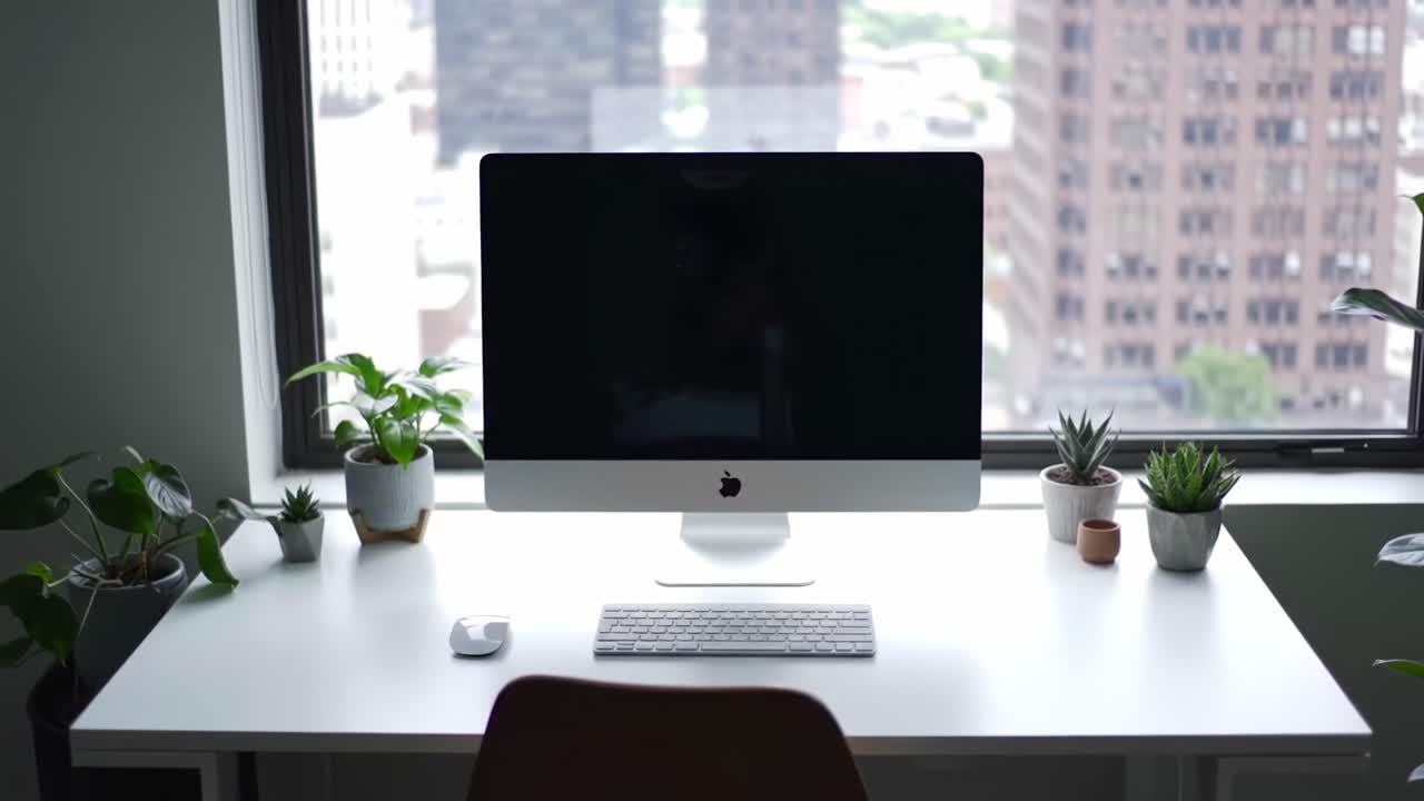A Minimalistic Home Office Setup Featuring a Large Computer Monitor with Potted Plants by the Window Overlooking a Cityscape
