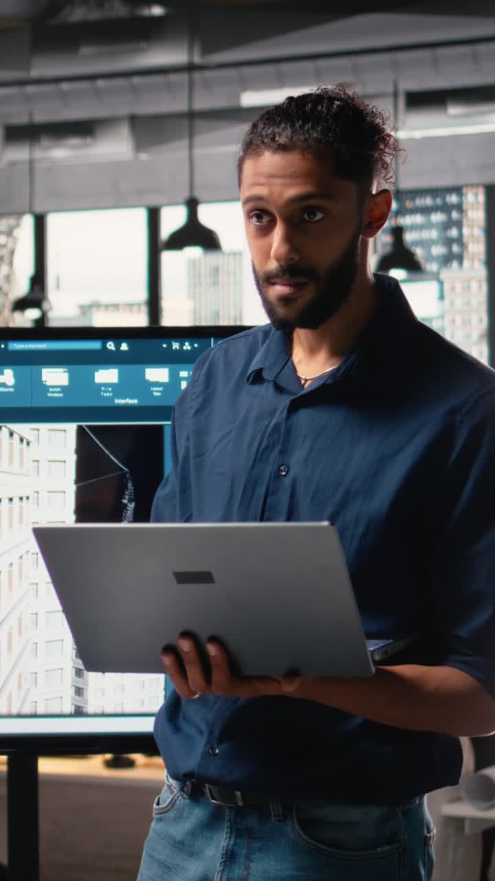 Vertical Video Middle eastern contractor analyzing architectural 3D models to set measurements