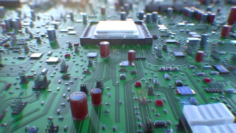 hermoso volando sobre la placa de circuitos y procesadores con borrón dof. animación en bucle 3d de la placa base de la computadora moderna y cpu de primer plano. tecnología y concepto digital.