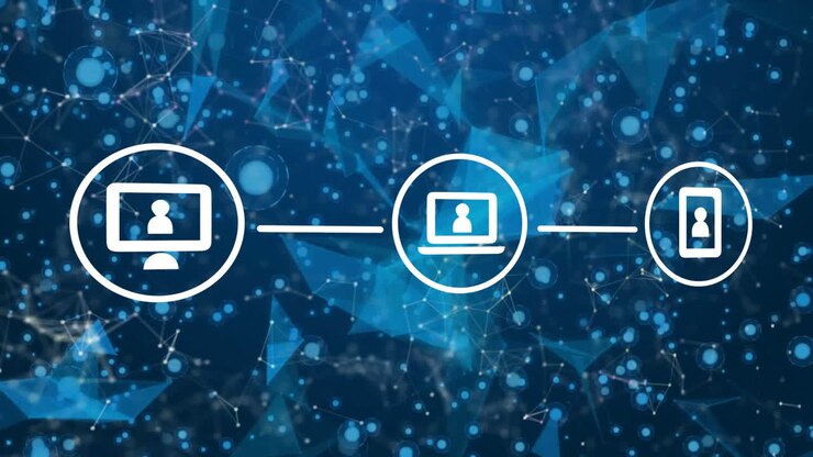 Animation of icons and data processing with network of connections on dark background