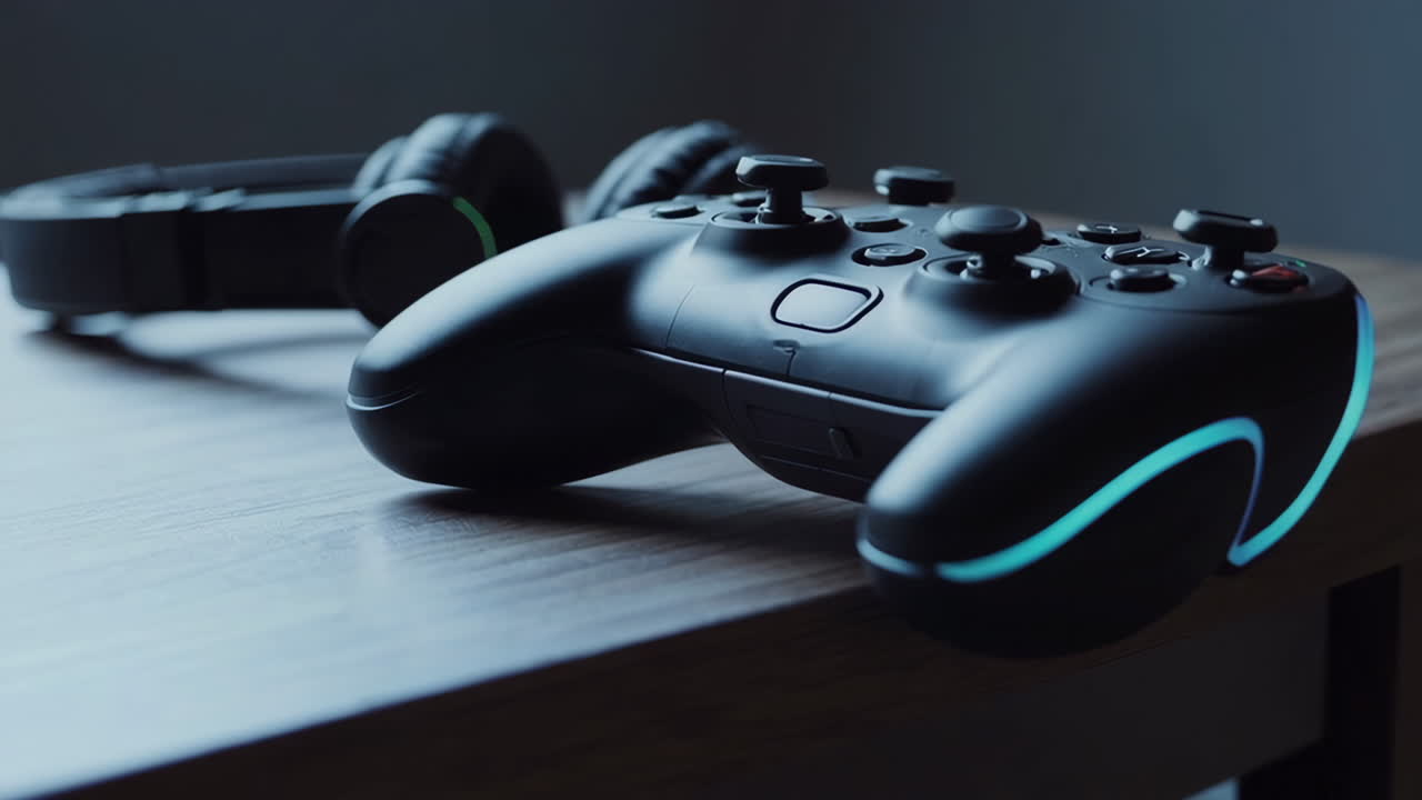 Gaming Controller and Headphones on a Wooden Table