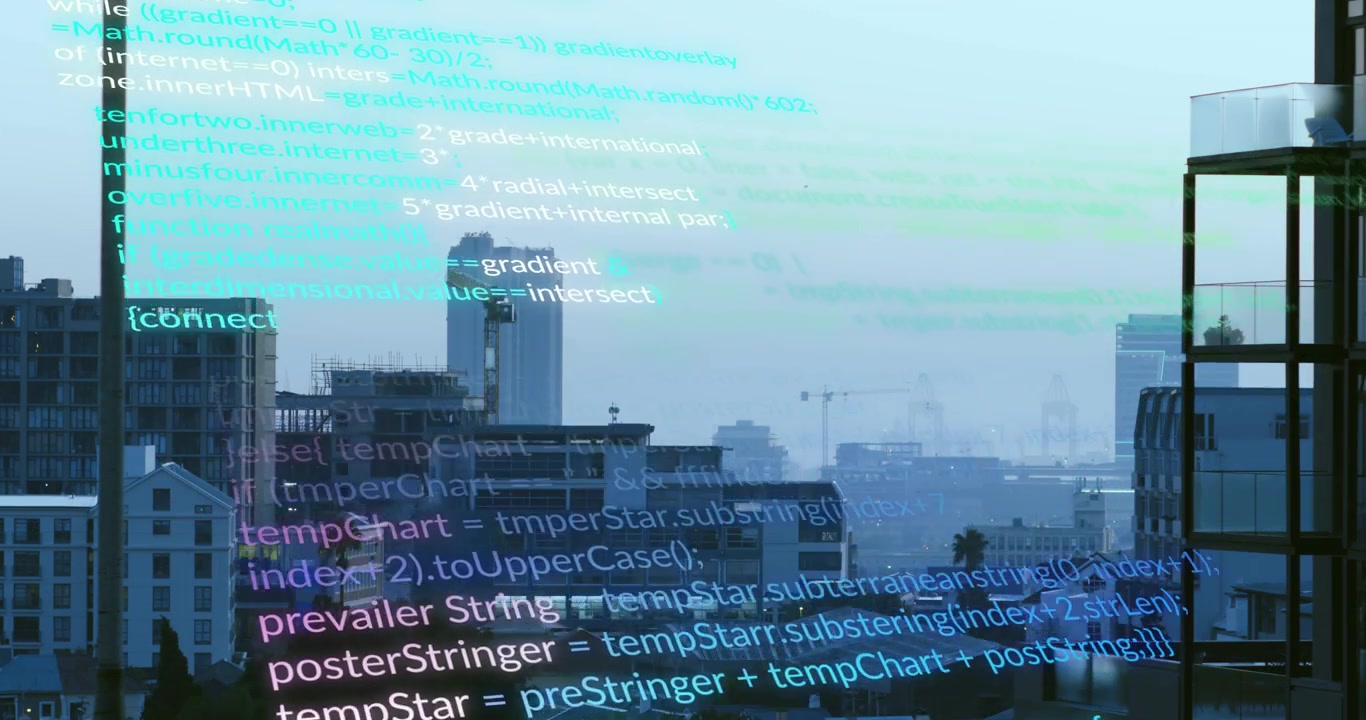 Initial cyan lines appearing code overlay scrolling, layering over hazy skyline, showing live data