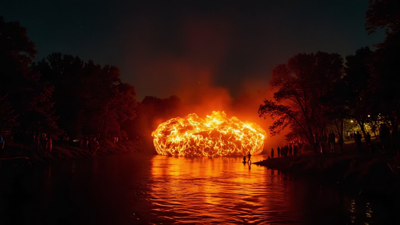 A Captivating Display of Flames and Reflections: The Stunning Nighttime Fireball Creates a Mesmerizing Scene over Calm Waters