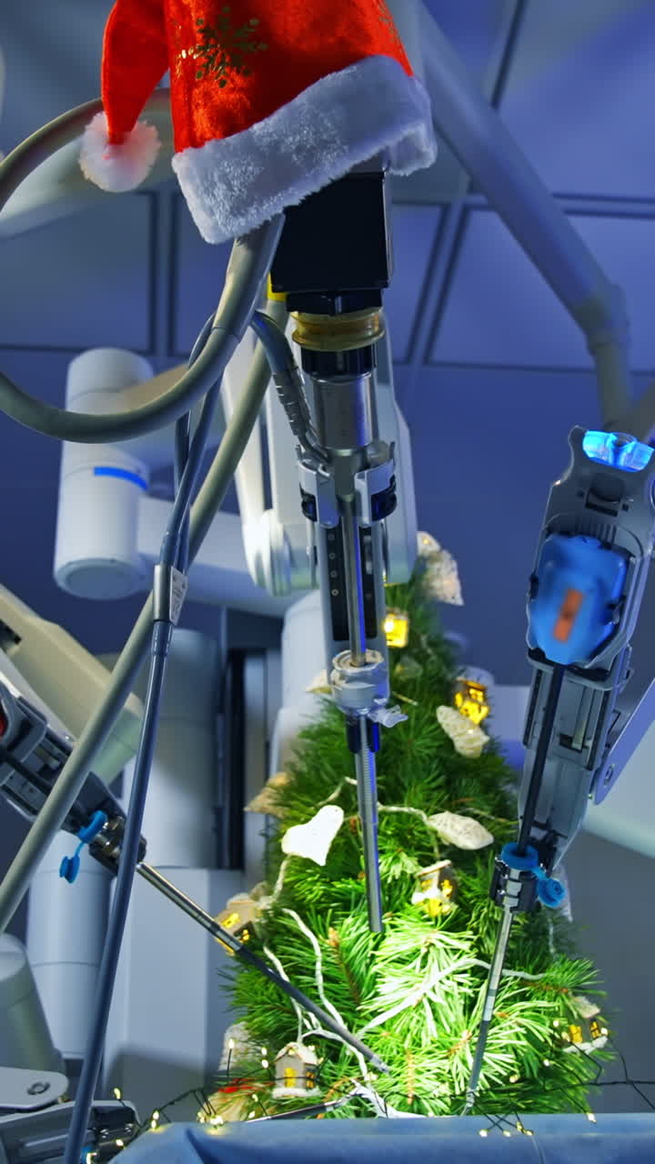 Artificial intelligence robot decorating Christmas tree while preparing to the holidays. Cropped view. Vertical video