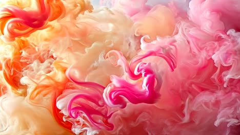 a colorful cloud of smoke with orange and pink hues. the smoke is billowing and swirling, creating a sense of movement and energy. the colors are vibrant and eye-catching