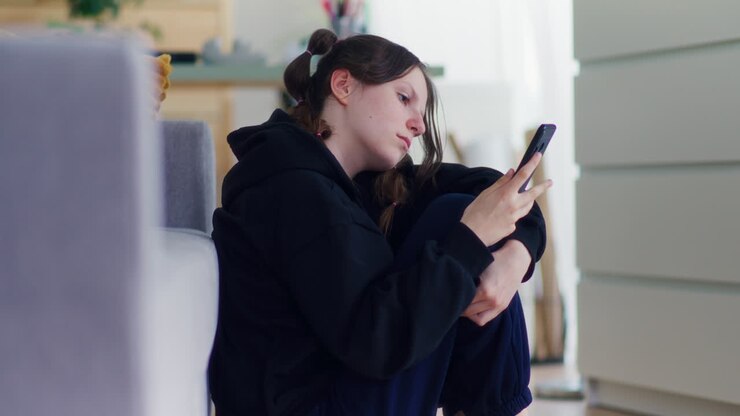 Sad Teenage Girl Addicted to Mobile Phone with Depression