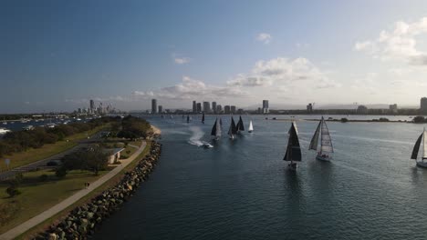 a group of sailing boats racing along the calm waters of a city harbor against a colorful sunset backdrop