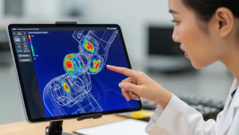 a researcher analyzes complex data visualizations on a tablet, focusing on a 3d representation of an intricate mechanical system, highlighting thermal or structural simulations.