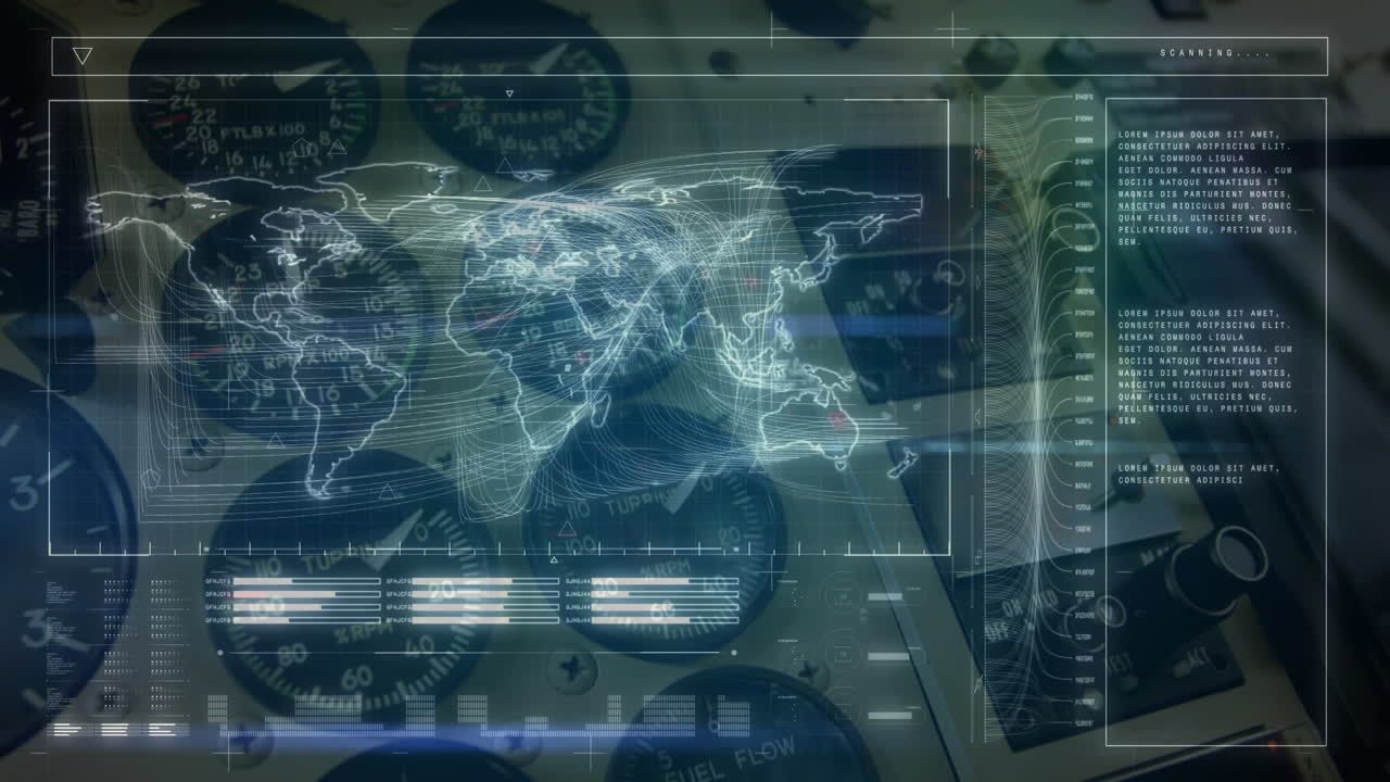 animación de la red global de conexiones en la cabina del avión