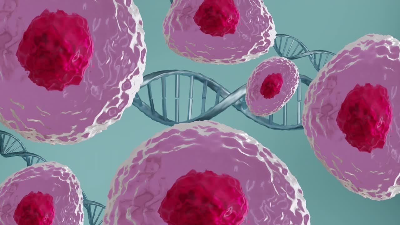 animación de células del cuerpo humano y cadena de adn sobre fondo azul