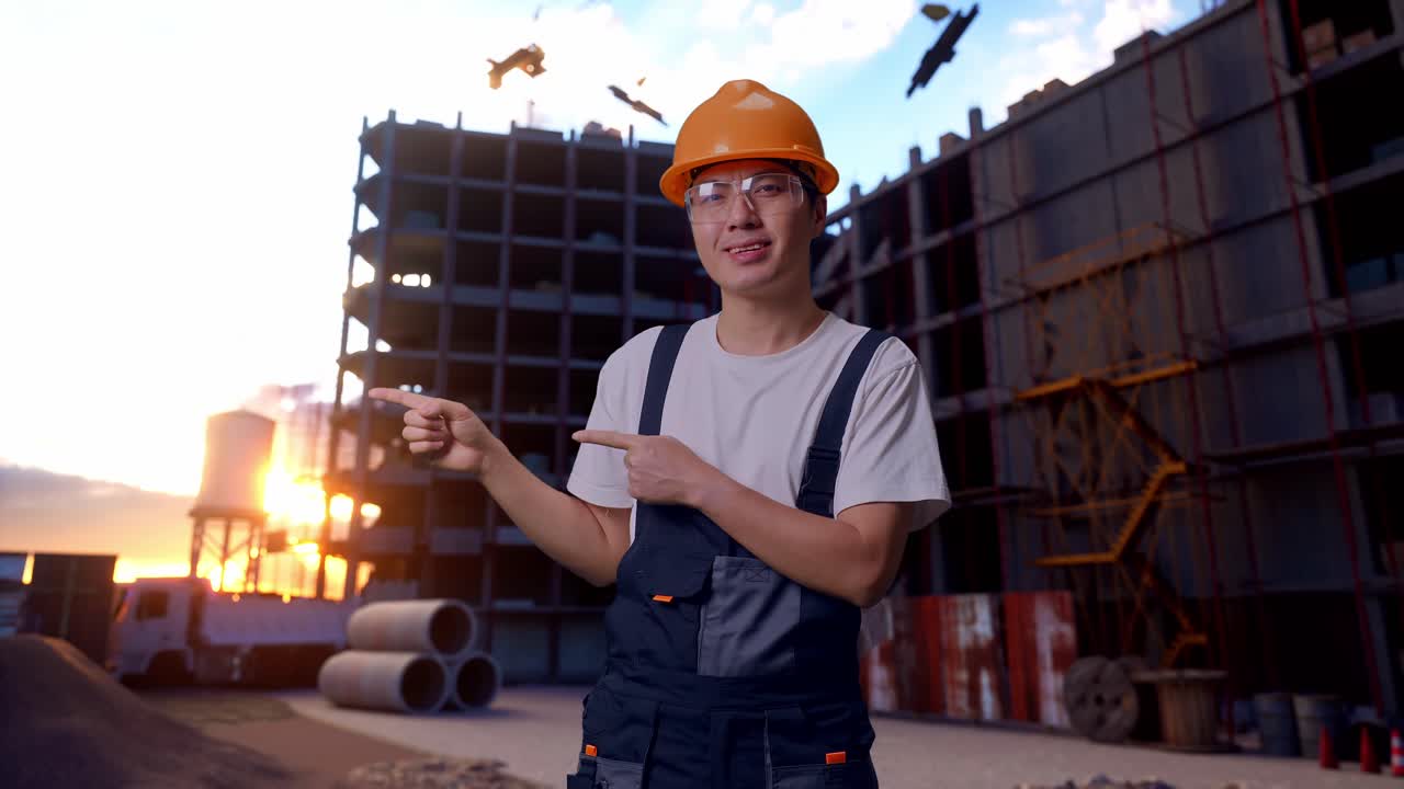 un trabajador asiático apuntando hacia un lado en el sitio de construcción