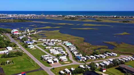 Aerial-shot-over-a-residential-area-along-the-water-in-New-Bern,-NC