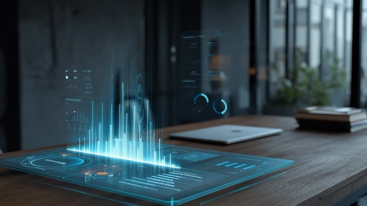 Modern workspace featuring holographic data visualization technology