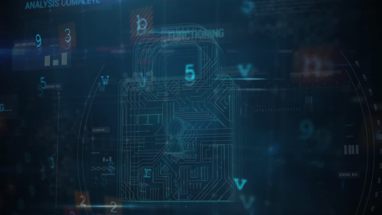 Animation of security padlock and data processing over navy background