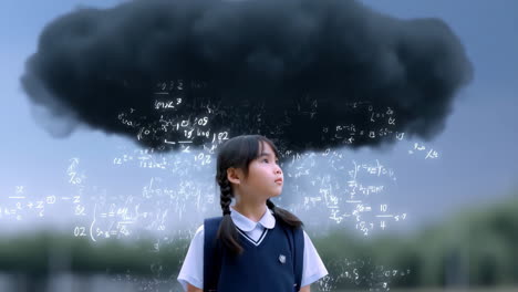 girl with math problems under a storm cloud