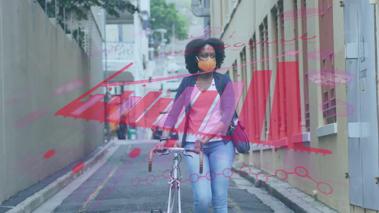 Animación de células de covid 19 y estadísticas sobre mujer afroamericana con mascarilla y bicicleta.