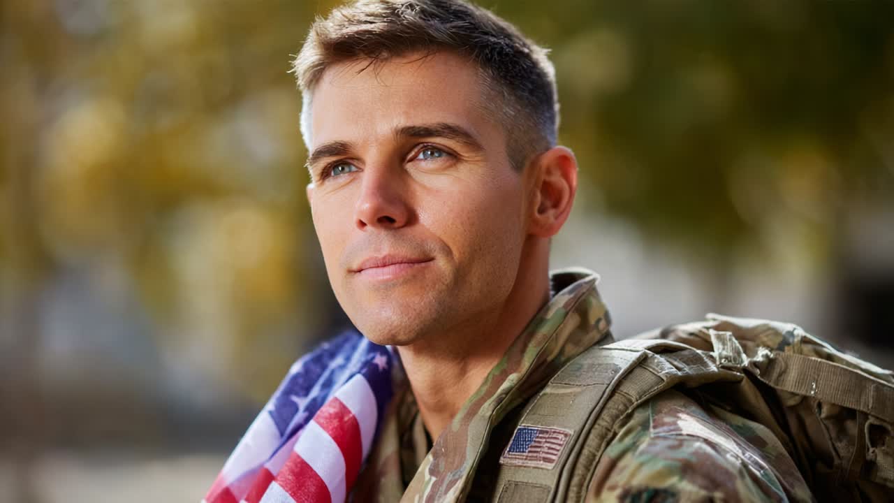 An American Soldier Reflects on Duty and National Pride While Embracing His Identity, Against a Backdrop of Nature and Patriotism, Capturing a Moment of Personal Connection to Service and Country