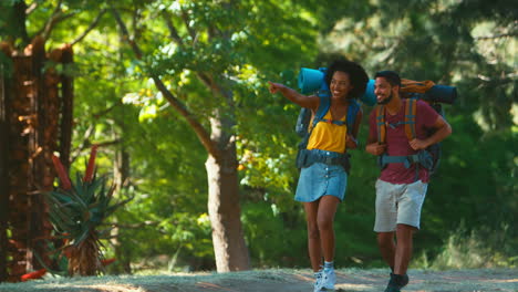 Pareja-Con-Mochilas-Chocando-Los-Cinco-En-Vacaciones-Caminando-Juntos-Por-El-Campo