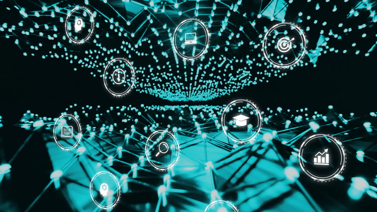 데이터 및 통신 아이콘의 애니메이션, 블랙에 파란 빛의 네트워크를 통해 처리