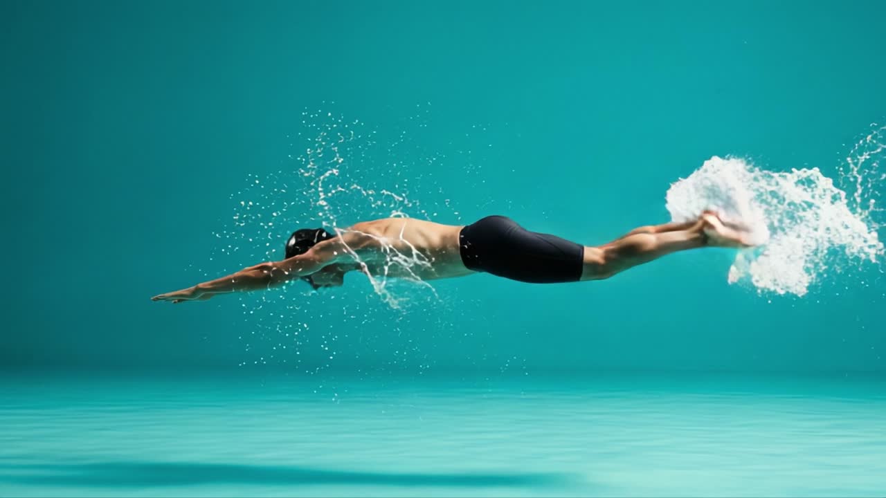 A Swimmer in Action: Captivating Frames Show the Grace of a Diver Gliding Through Water, Creating Stunning Splashes and Exhibiting Strength and Agility