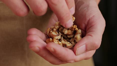 Walnuts without shell in man hand close-up macro. Peeled nuts. Healthy snacks. Product rich in minerals and vitamins.